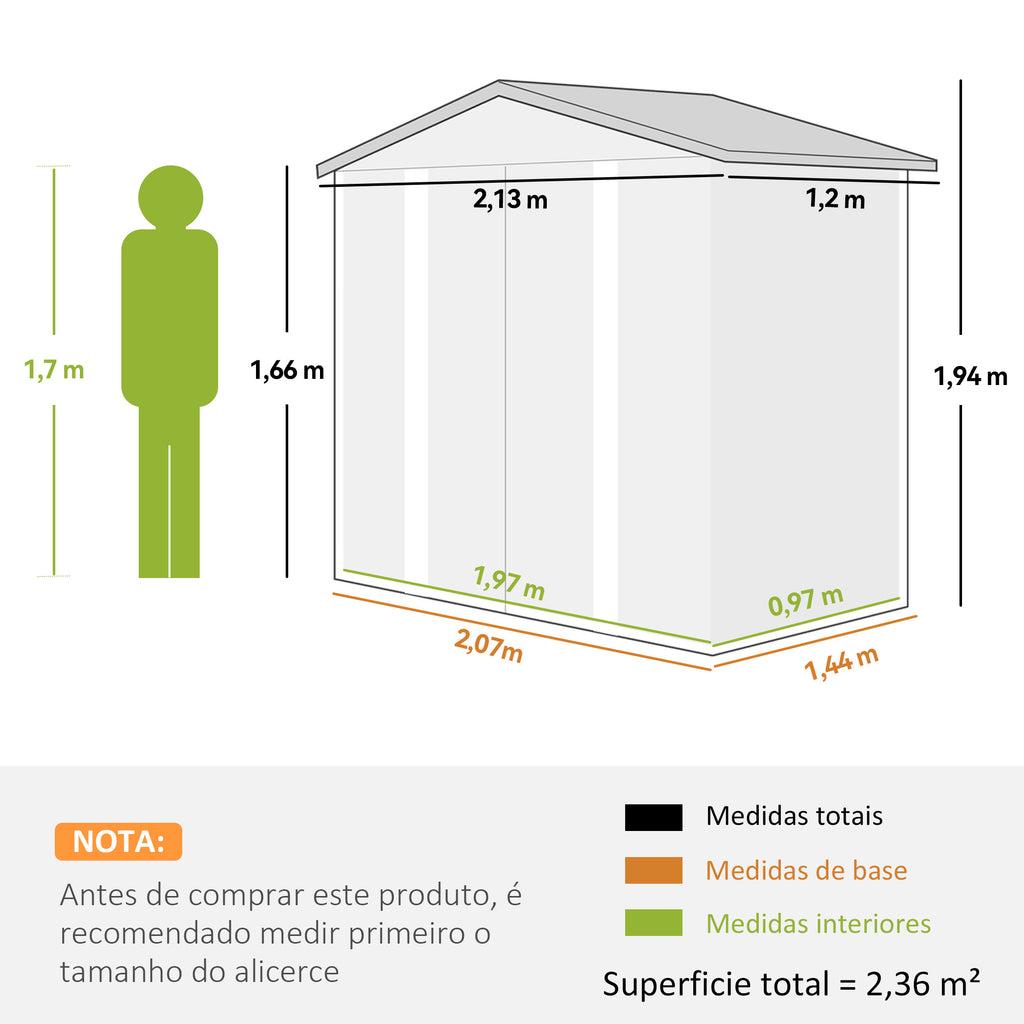 Abrigo de Jardim Exterior 2,36m² 213x120x194 cm Abrigo de Exterior com Base Reforçada (Piso NÃO Incluído) Portas de Correr Duplas Fechadura Janelas Madeira e Marrom