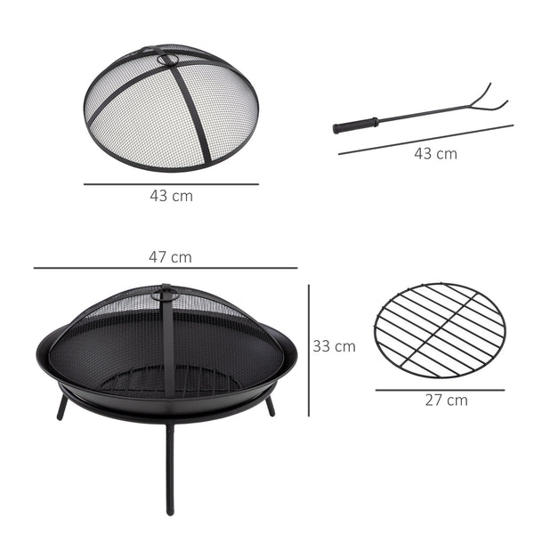 Braseiro de Exterior Braseiro de Metal com Tampa Protetora de Faíscas e Atiçador para Varanda Campismo Ar Livre Ø47x33 cm Preto