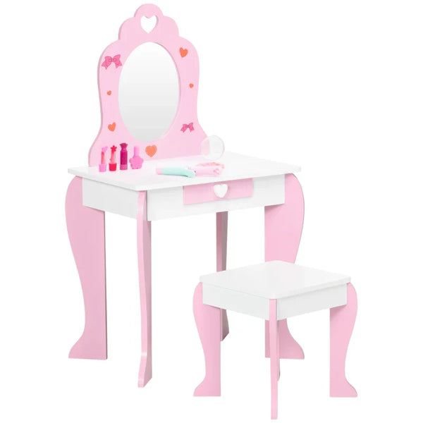 Toucador Infantil com Banco e Espelho Toucador Infantil de Madeira com Gaveta Mesa de Maquilhagem para Crianças entre 3-6 Anos 50x36,5x89,5cm Rosa